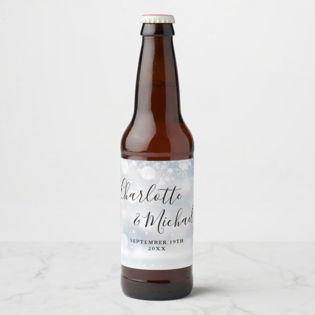 Elegant Signature Script Winter SnowflakesWedding Beer Bottle Label (Front)