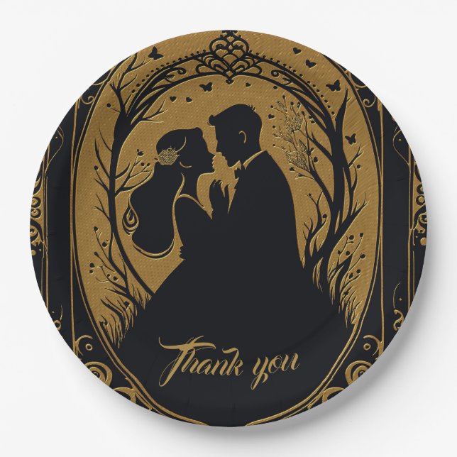 Elegant silhouette of a bride and groom paper plate (Front)