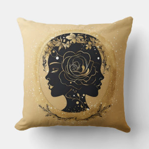Elegant Silhouette of a Woman with Floral Elements Throw Pillow