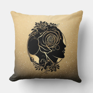 Elegant Silhouette of a Woman with Floral Elements Throw Pillow