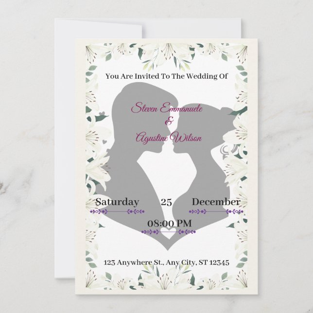 Elegant Silhouette Wedding Invitation with Floral  (Front)