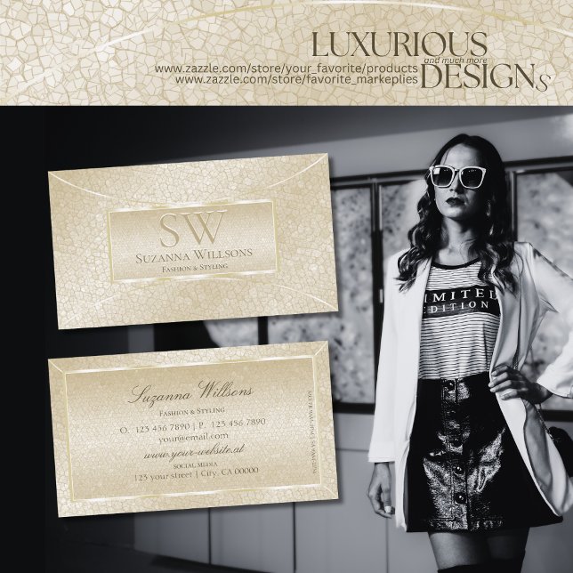 Elegant Silk Cream Snake Pattern with Monogram Business Card (Creator Uploaded)
