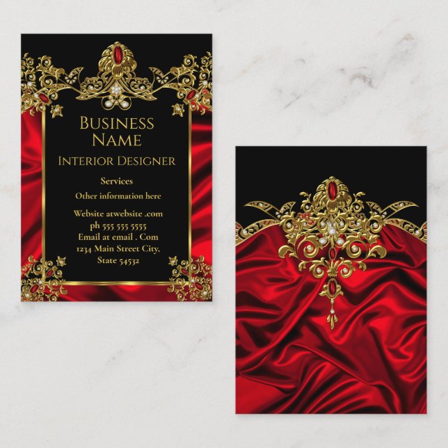 Elegant Silk Ruby Red gem Gold Black Business Card (Front/Back)