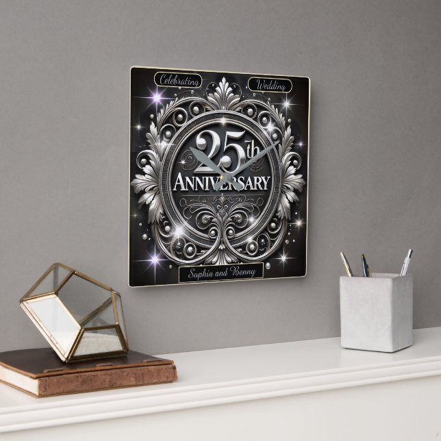 Elegant Silver 25th Anniversary Square Wall Clock (Office)