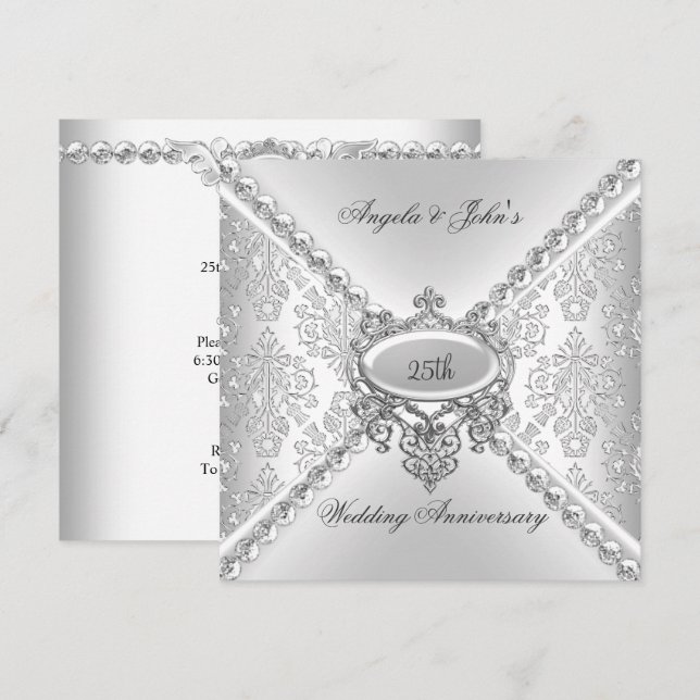 Elegant Silver 25th Wedding Anniversary Damask Invitation (Front/Back)