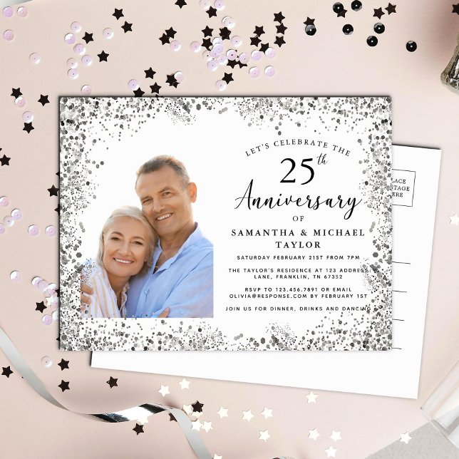 Elegant Silver 25th Wedding Anniversary Invitation Postcard (Creator Uploaded)