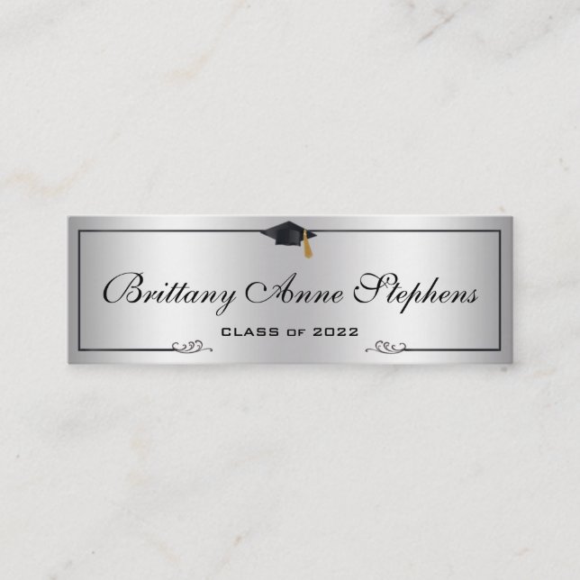 Elegant Silver 2 Graduation Cap Name Card Insert (Front)