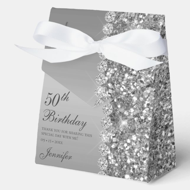 Elegant Silver 50th Birthday Thank You Favor Box (Front)