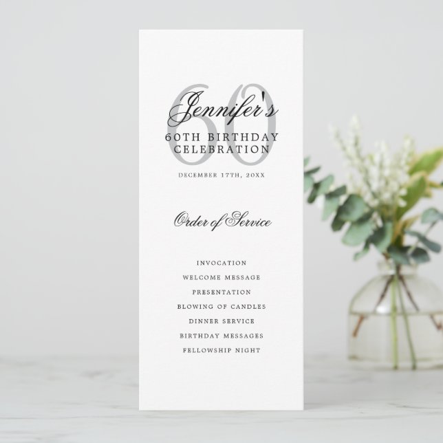 Elegant Silver 60th Birthday Program Menu  (Standing Front)