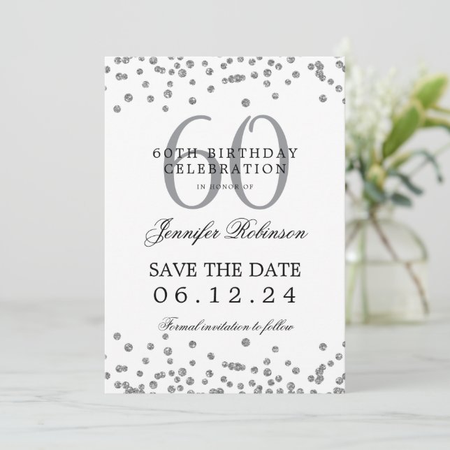 Elegant Silver 60th Birthday Save Date Details Invitation (Standing Front)