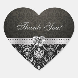 Elegant Silver and Black Damask Thank You Stickers