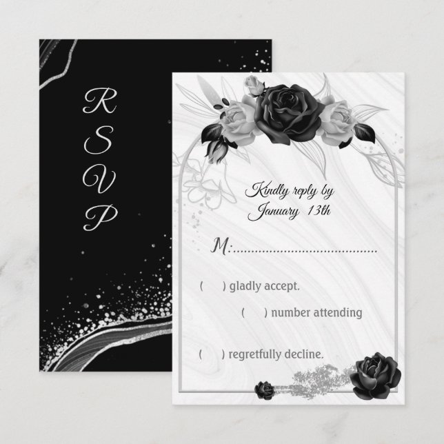 Elegant silver and black flowers RSVP card (Front/Back)