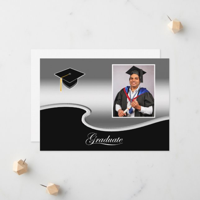Elegant Silver and Black Grad Party invitation (Front/Back In Situ)