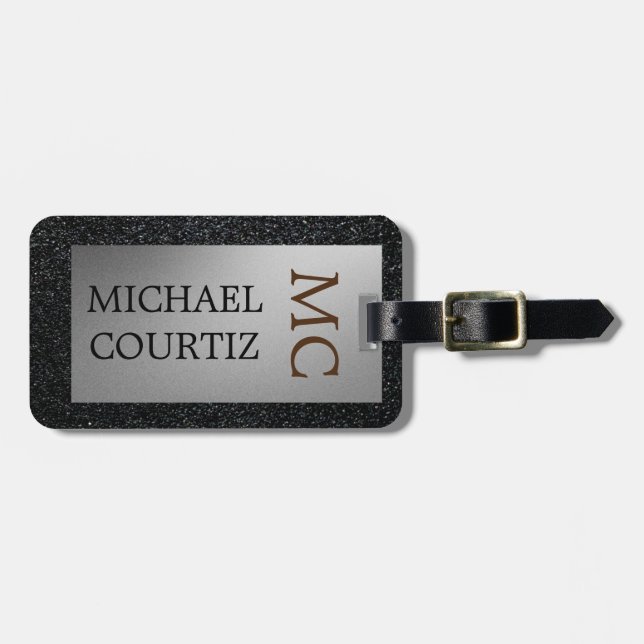 Elegant silver and black Monogrammed Luggage Tag (Front Horizontal)