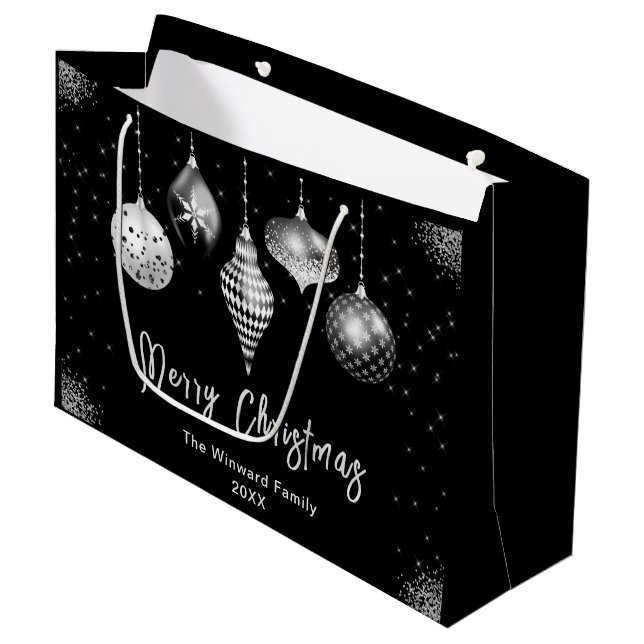 Elegant Silver and Black Ornament Christmas Large Gift Bag (Front Angled)