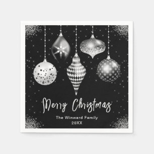 Elegant Silver and Black Ornament Christmas Napkin