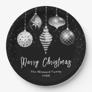 Elegant Silver and Black Ornament Christmas Paper Plate