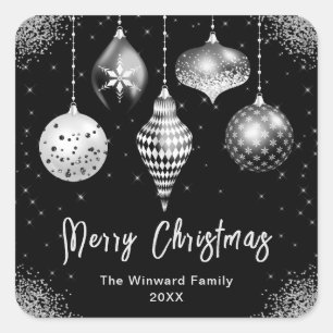 Elegant Silver and Black Ornament Christmas Square Sticker