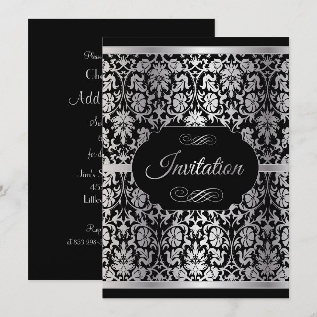 Elegant Silver and Black Party Celebration Invitation (Front/Back)