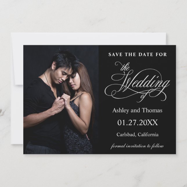 Elegant Silver and Black Photo Save the Date (Front)