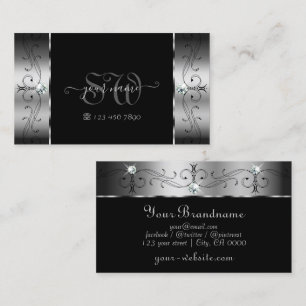 Elegant Silver and Black Squiggled Jewels Monogram Business Card