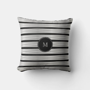 Elegant Silver And Black Stripes Monogram Throw Pillow