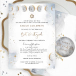 Elegant Silver and Blue Celestial Bat Mitzvah Invitation<br><div class="desc">Delight your friends and family with this elegant celestial Bat Mitzvah invitation with delicate watercolor sky, stars and moon's phases in a beautiful blend of silver gray, pale blue, white and gold tones. Dainty stars in white and in faux gold foil. Bat Mitzvah phrase and star of David in faux...</div>
