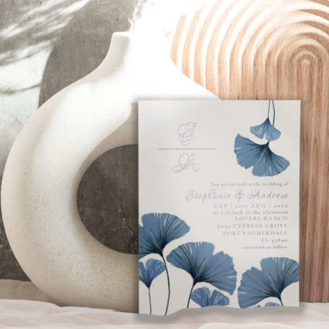 Elegant Silver and Blue Leaf Wedding Invitation  (Creator Uploaded)