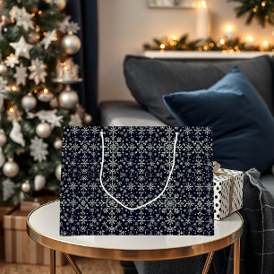 Elegant silver and blue snowflakes pattern large gift bag