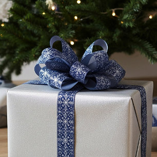 Elegant silver and blue snowflakes pattern satin ribbon