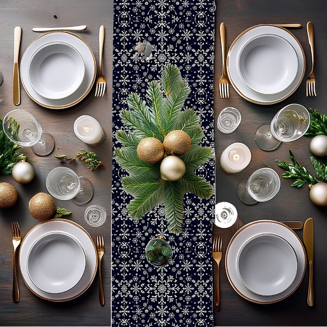 Elegant silver and blue snowflakes pattern short table runner (Creator Uploaded)