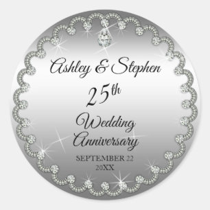 Elegant Silver and Diamonds 25th Anniversary Classic Round Sticker