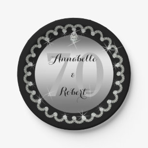 Elegant Silver and Diamonds 70th Anniversary Paper Plate