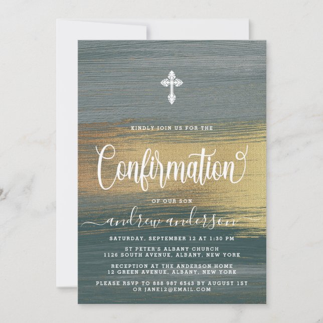 Elegant Silver And Gold Boy Confirmation Invitation (Front)