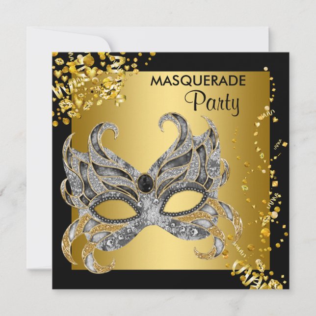 Elegant Silver and Gold Masquerade Party Invitation (Front)