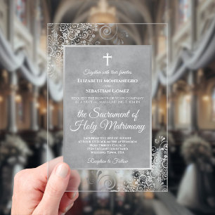Elegant Silver and Grey Ornate Catholic Wedding Acrylic Invitations