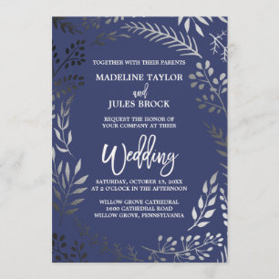 Elegant Silver and Navy   Leafy Frame Wedding Invitation