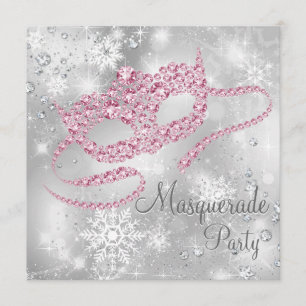 Elegant Silver and Pink Masquerade Party Invitation