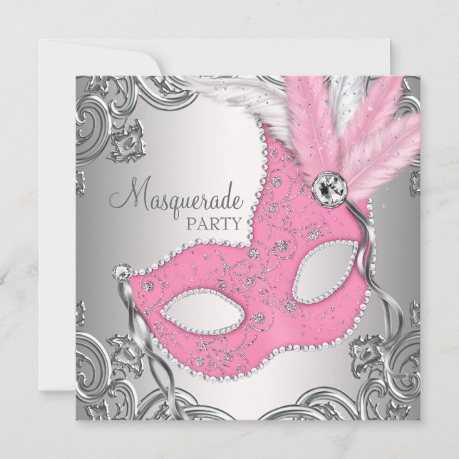 Elegant Silver and Pink Masquerade Party Invitation (Front)