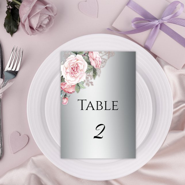 Elegant Silver and Pink Roses Wedding Table Number (Creator Uploaded)