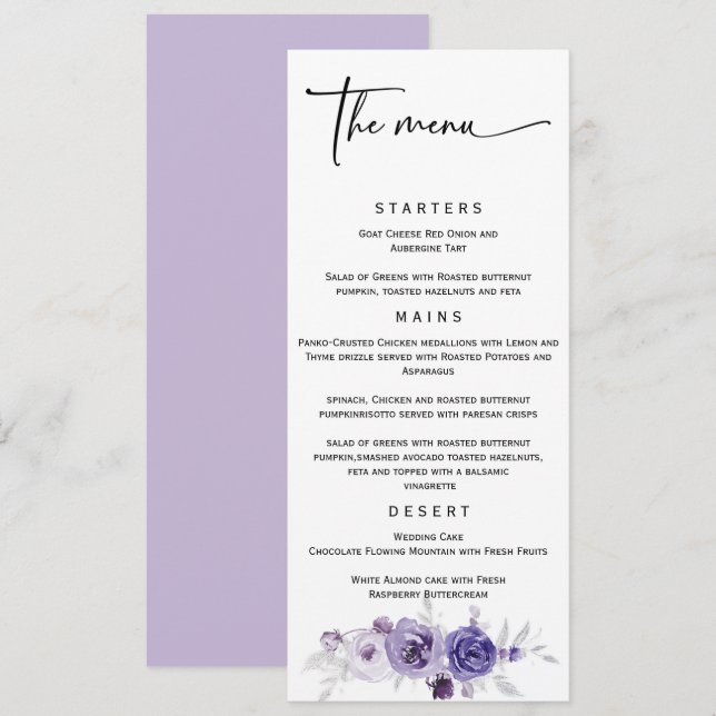 Elegant Silver and Purple Wedding Menu  (Front/Back)