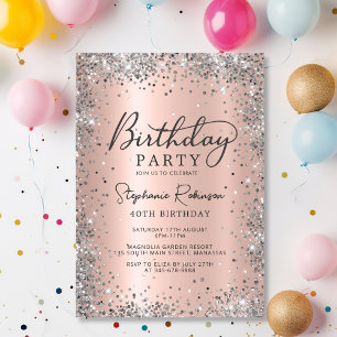 Elegant Silver and Rose Gold Metal 40th Birthday Invitation