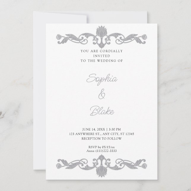 Elegant Silver and White Art Deco Wedding Invitation (Front)