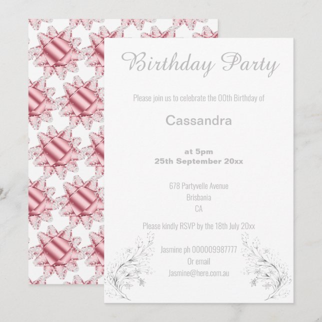 ELEGANT SILVER AND WHITE BOW BIRTHDAY  INVITATION (Front/Back)