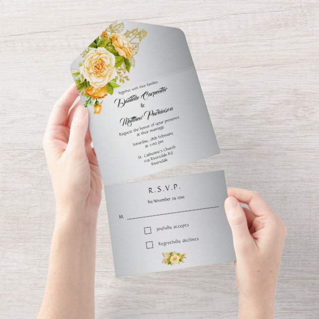 Elegant Silver and Yellow Roses Wedding  All In One Invitation (Tearaway)