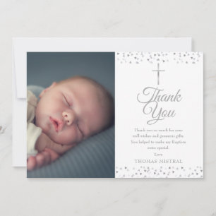 Elegant Silver Baptism Christening Hearts Photo Thank You Card