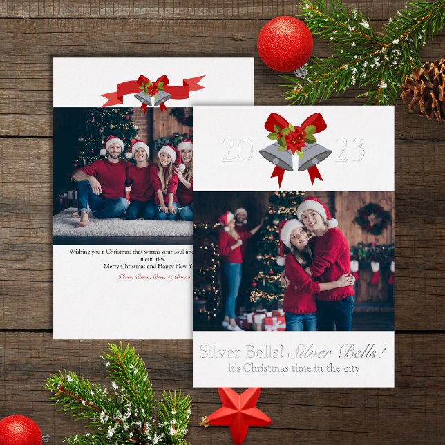 Elegant Silver Bells Christmas 2 Photo Foil Holiday Card (Creator Uploaded)