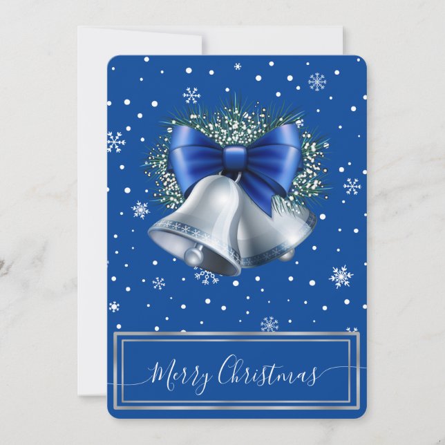 Elegant Silver Bells With Blue Ribbon & Snowflakes Holiday Card (Front)