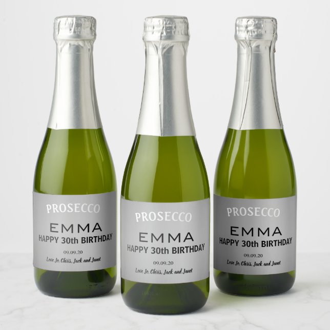 Elegant Silver Birthday Wedding Anniversary Mini Sparkling Wine Label (Bottles)