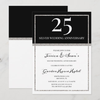 Elegant Silver & Black 25th Wedding Anniversary Invitation